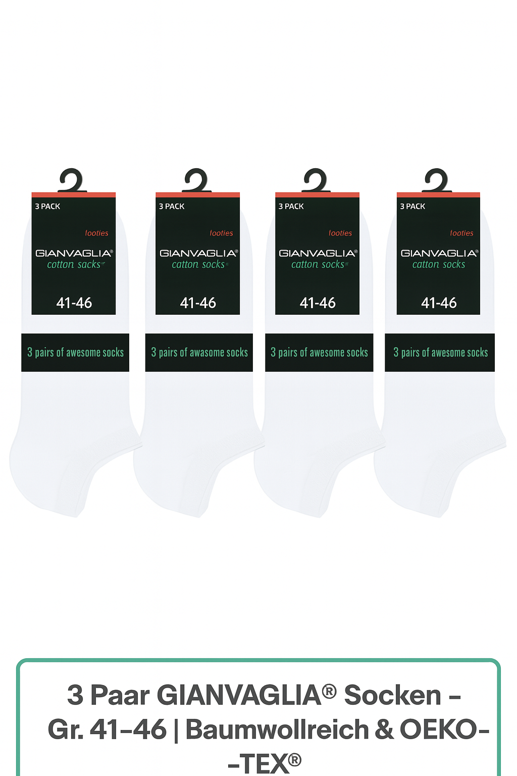 GIANVAGLIA® Unisex Baumwoll-Sneakersocken 3er-Pack – Weiß (Größe 41–46)