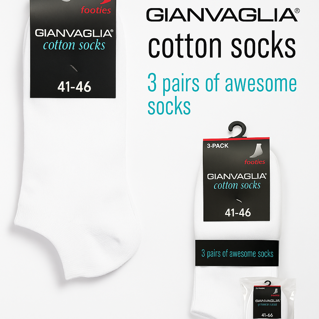 GIANVAGLIA® Unisex Baumwoll-Sneakersocken 3er-Pack – Weiß (Größe 41–46)