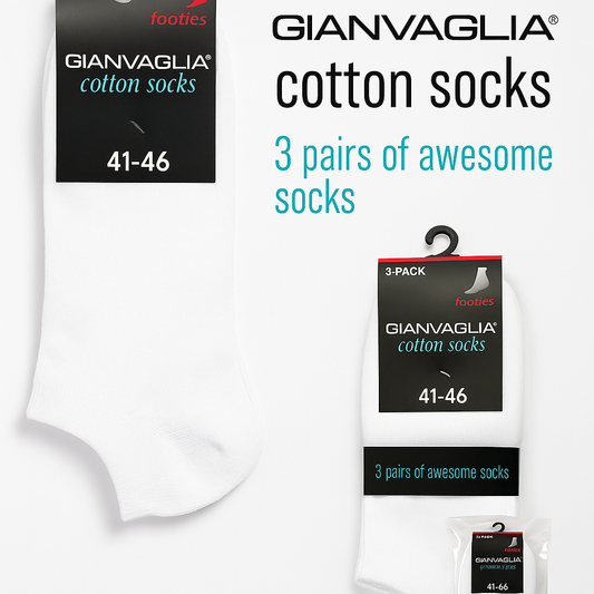 GIANVAGLIA® Unisex Baumwoll-Sneakersocken 3er-Pack – Weiß (Größe 41–46)